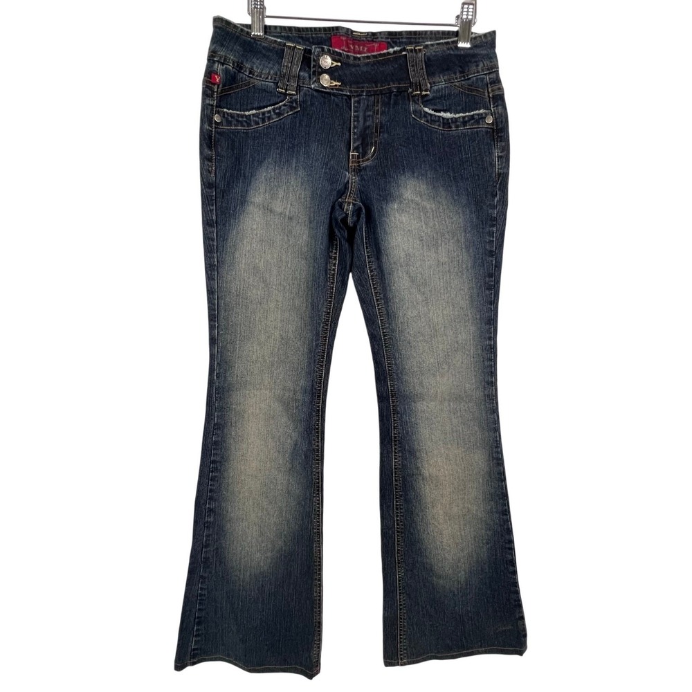 Y2K 90s YMI LOW RISE Women 5 Dark Wash Distressed FLARE JEANS Concert Party Boho